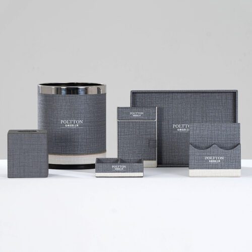 custom luxury 5 star hotel resort guest room accessories desktop set organizer pu faux leather items amenity products supplies custom Hospitality Hotel Resort Guest Room Compendium Menu Bill Remote Controller Folder Wastebin Welcome Tray Leather Accessories