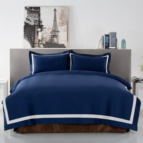 Custom Luxury Hotel Bedding set100% cotton duvet cover super soft and breathable Passionate Blue Noble Edge White cotton pillowcase flat bed Sheet Sets