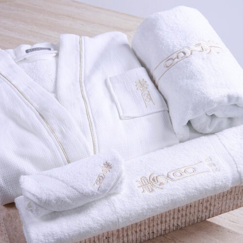 Custom Embroidered Hotel Linen Towel and White Bath Robe Set – Luxury Hotel Bathrobe and Towel
